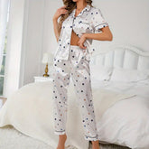 Love Heart Printed Silk Pajamas Set For Women Silk Sleepwear